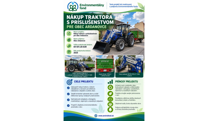 Nákup traktora s príslušenstvom pre obce Ardanovce