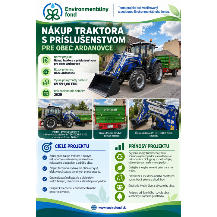 Nákup traktora s príslušenstvom pre obce Ardanovce
